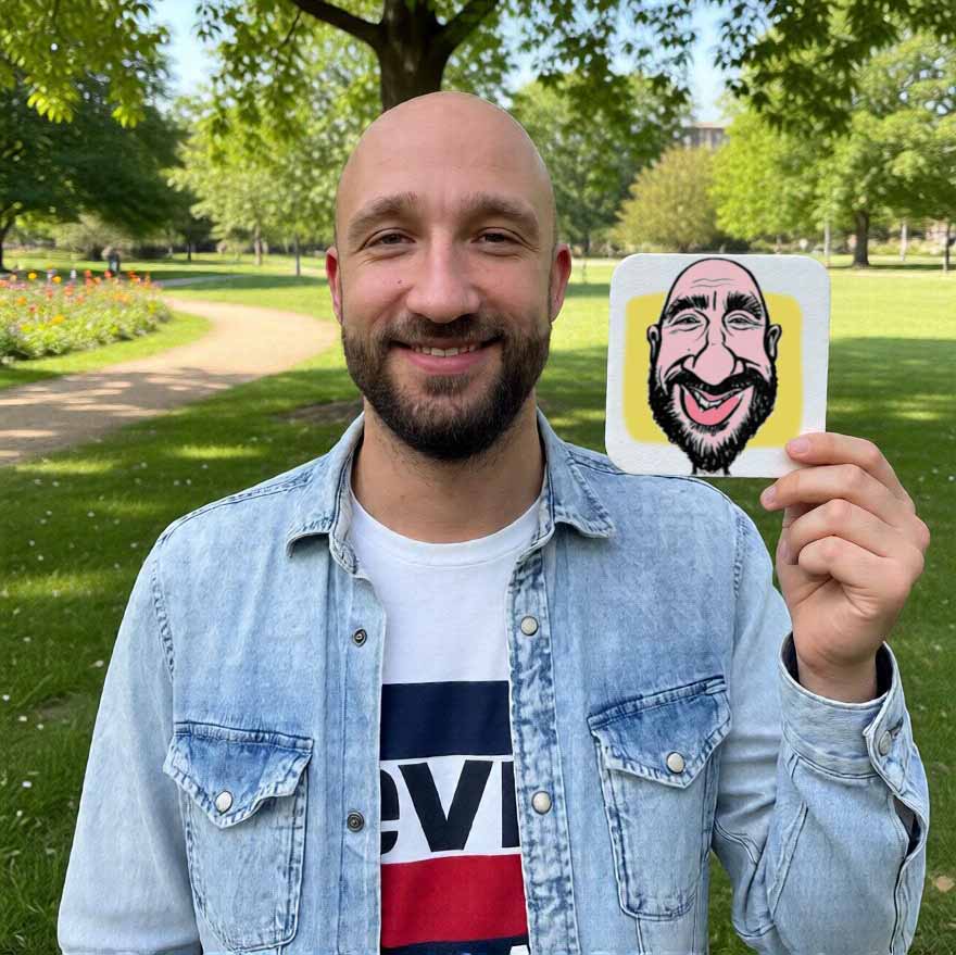 Kale man met baard houdt bierviltje met karikatuur vast