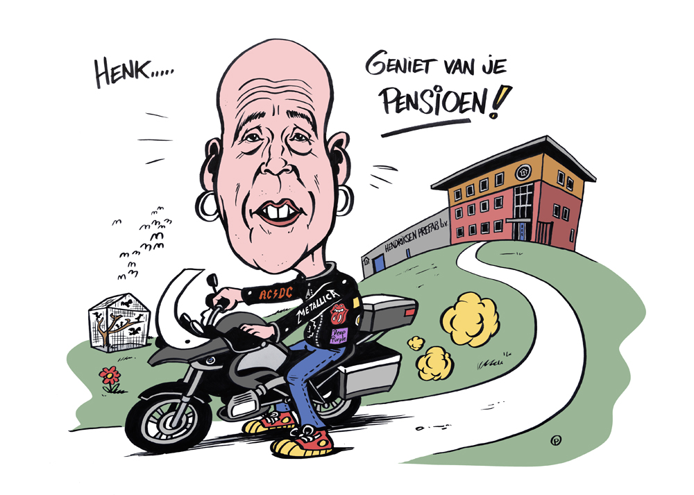 Karikatuur van foto van kale man op motor