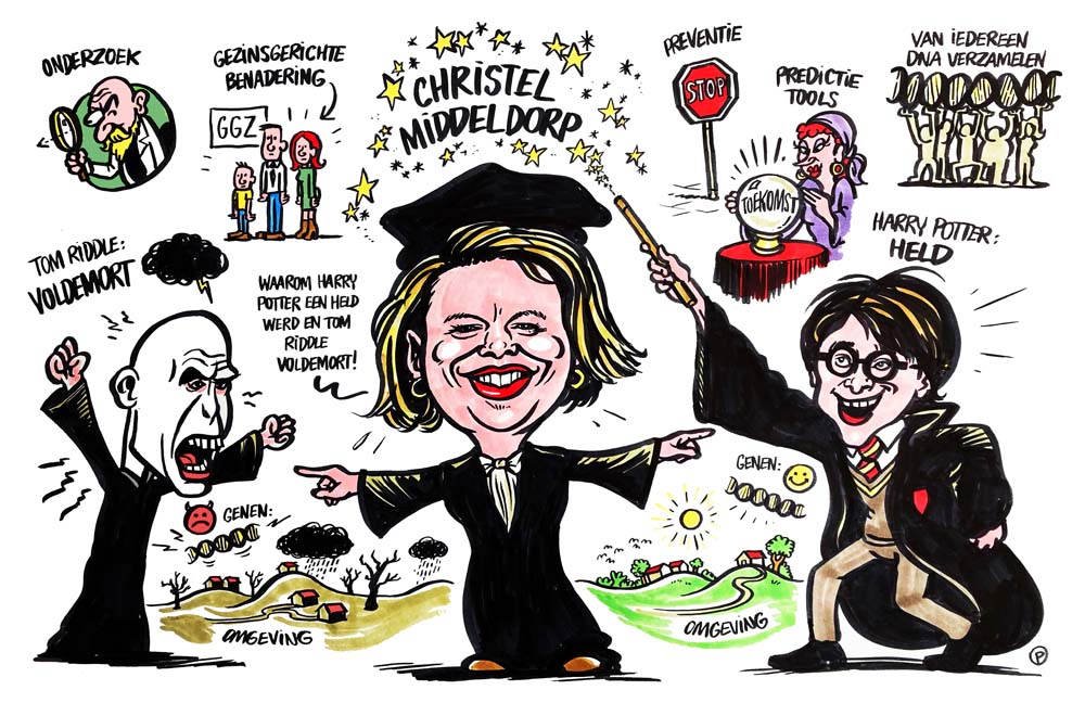 Karikatuur van foto van vrouw met illustraties eromheen